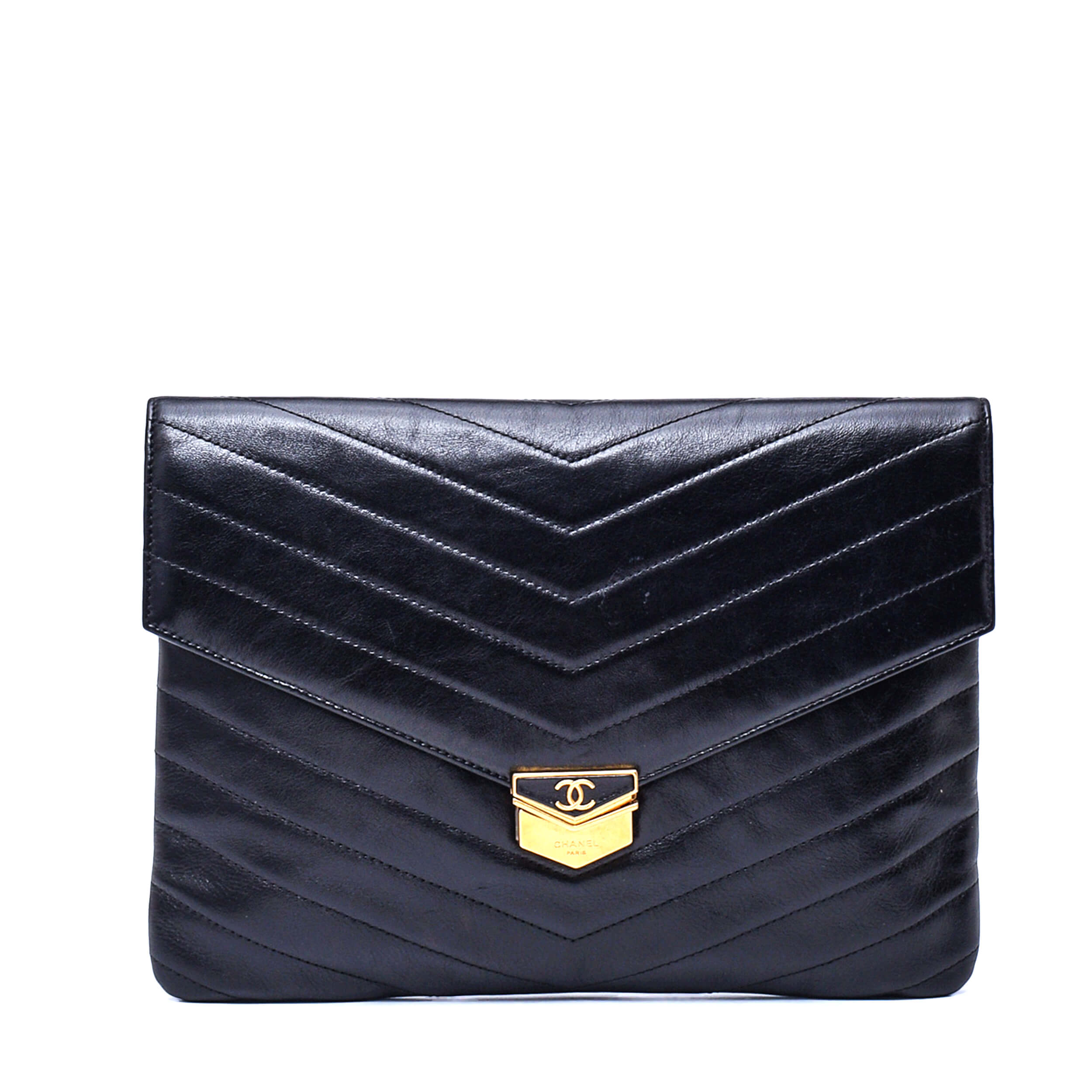 Chanel - Black Chevron Leather Paris Hamburg Medal Envelope Clutch Bag 